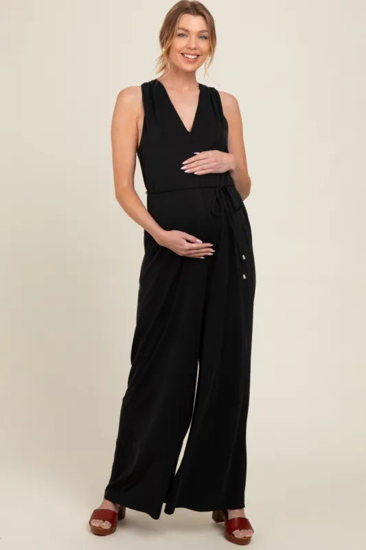 Black Racerback Wide Leg Maternity Jumpsuit sold by Pinkblush