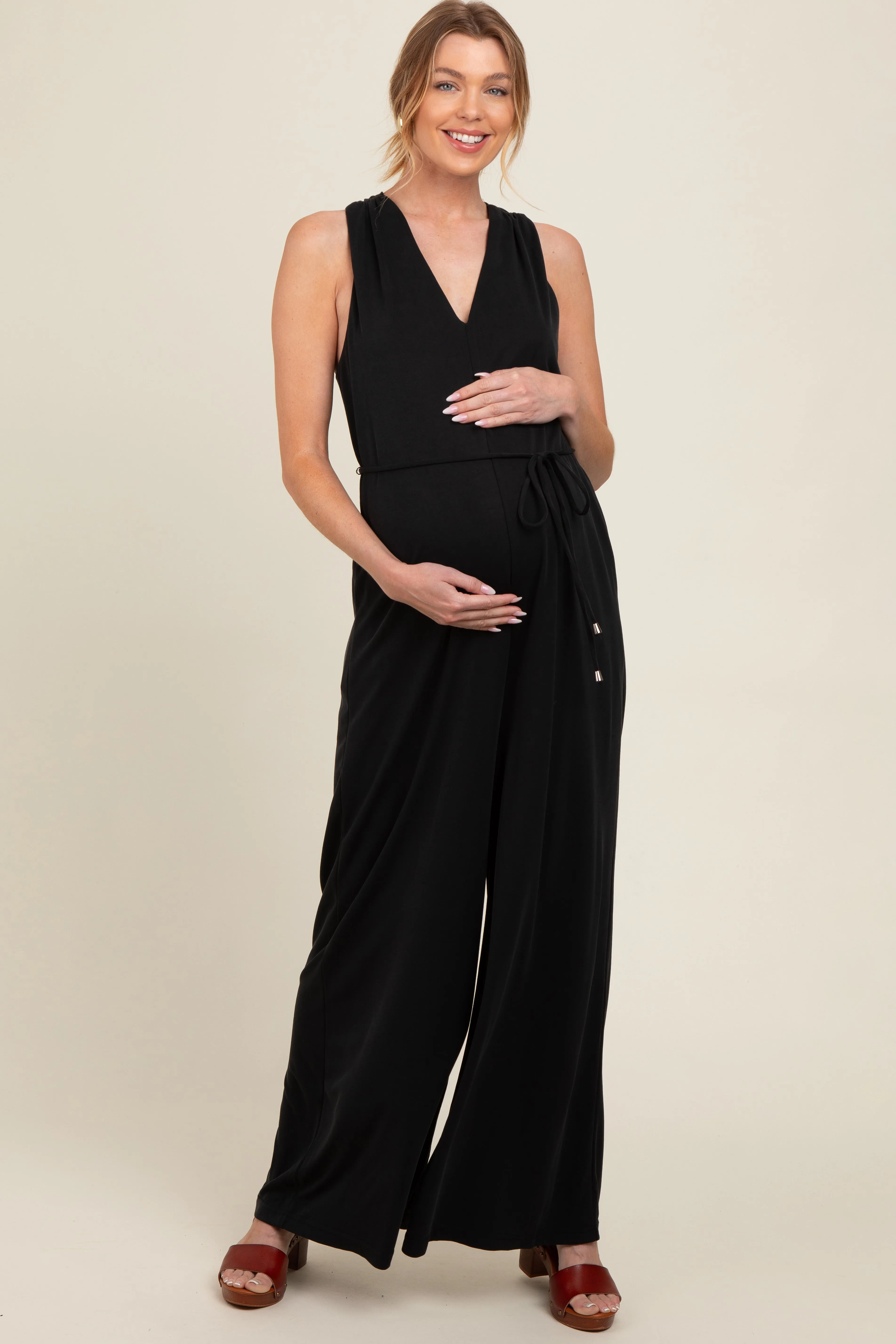 Black Racerback Wide Leg Maternity Jumpsuit sold by Pinkblush