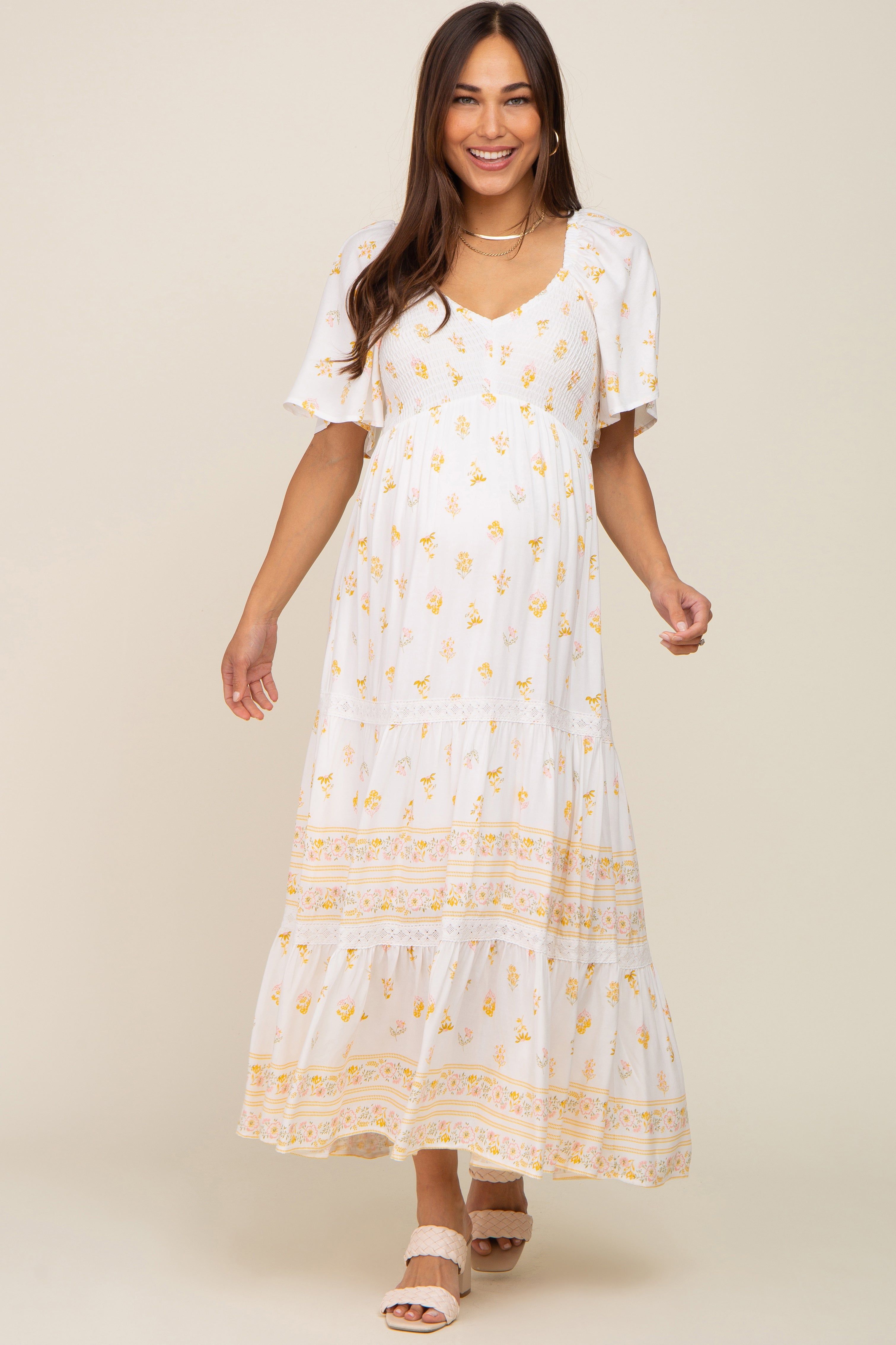 Ivory Floral Flutter Sleeve Maternity Midi Dress sold by Pinkblush product image thumbnail 2