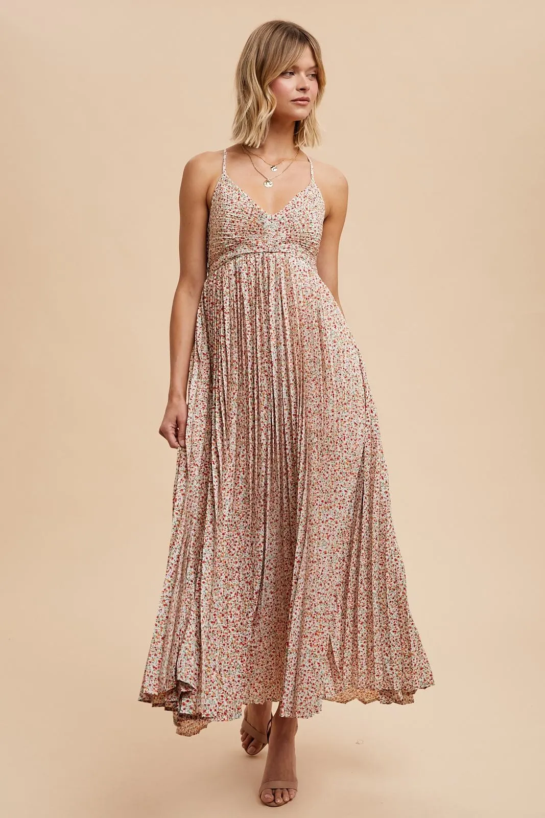 Coral Floral Pleated Cutout Back Maxi Dress sold by Pinkblush product image thumbnail 2
