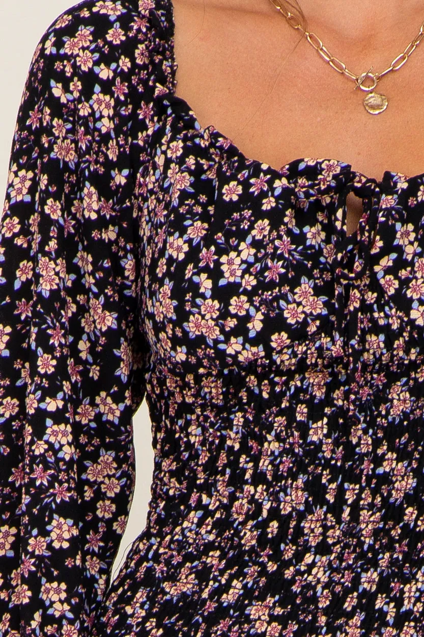 Black Floral Print Long Sleeve Smocked Dress sold by Pinkblush product image thumbnail 4