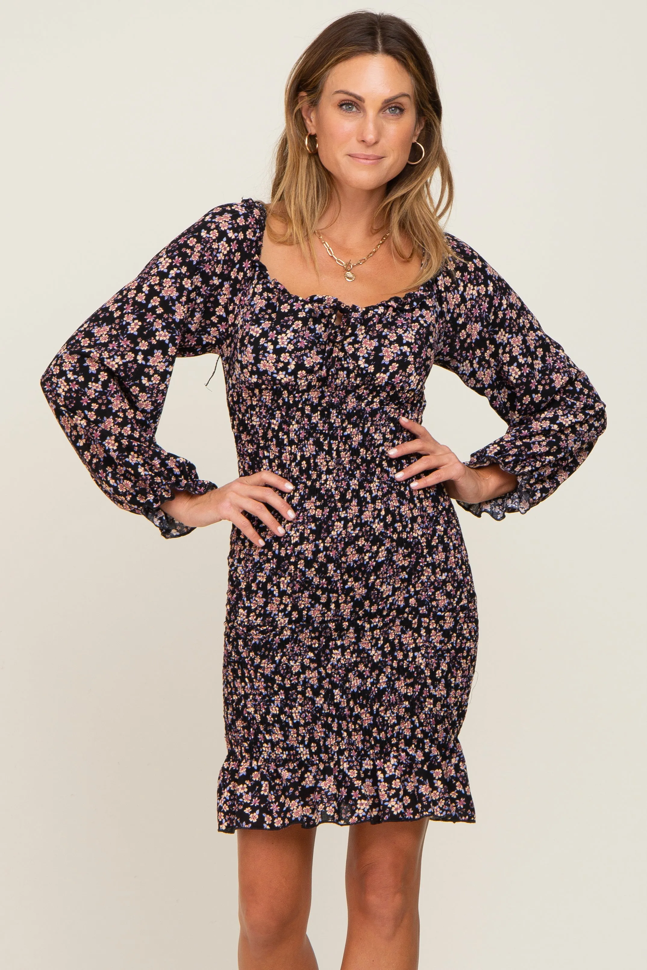 Black Floral Print Long Sleeve Smocked Dress sold by Pinkblush