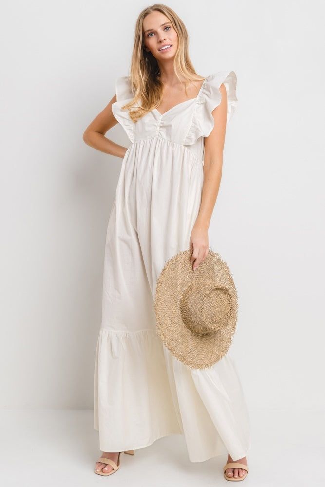 Ivory Multi Solid Poplin Tiered Maxi Dress sold by Pinkblush