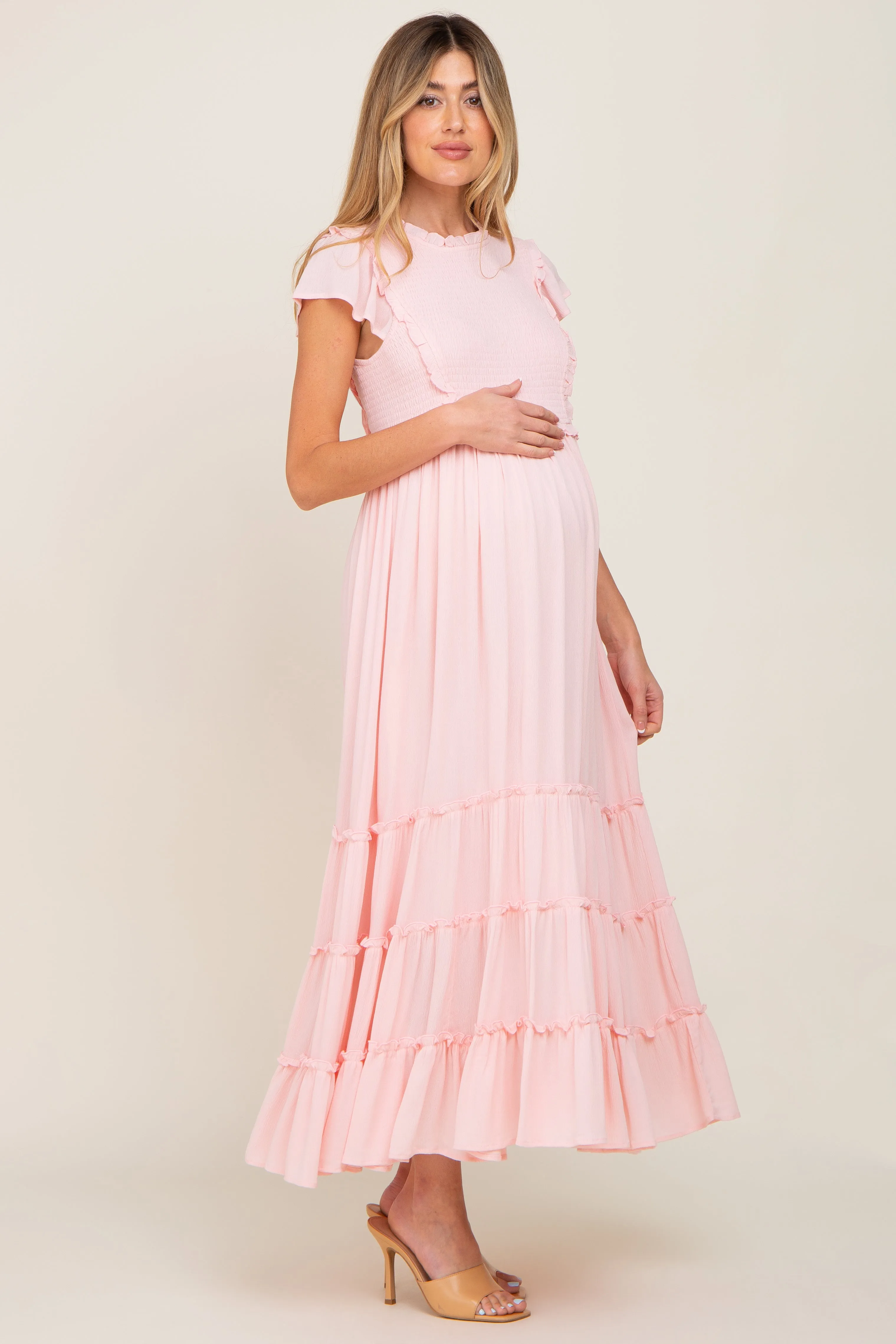 Light Pink Smocked Ruffle Accent Tiered Maternity Maxi Dress sold by Pinkblush product image thumbnail 2