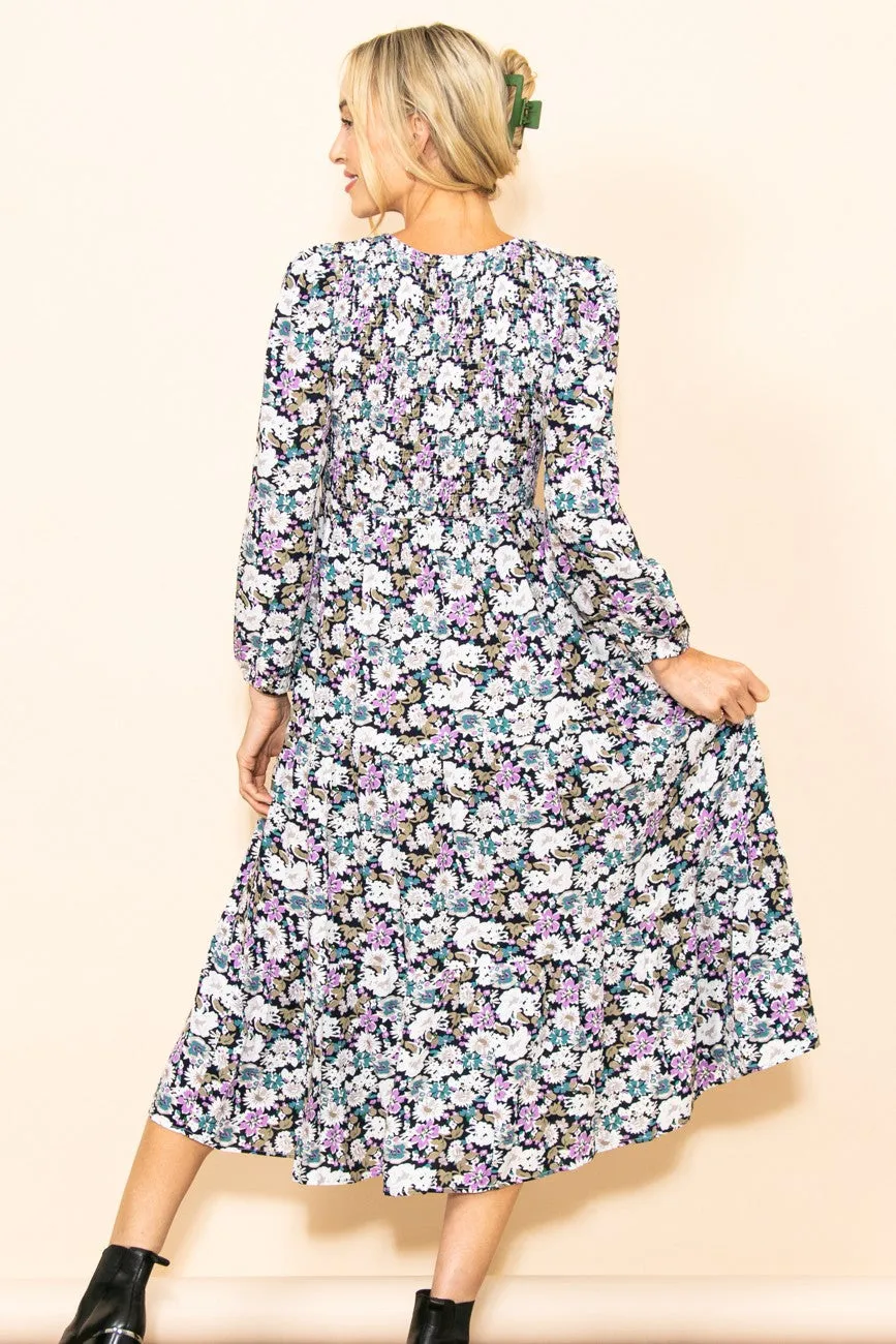 Black Floral Smocked Tiered Midi Dress sold by Pinkblush product image thumbnail 3