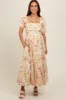 Ivory Floral Pleated Puff Sleeve Maternity Midi Dress sold by Pinkblush