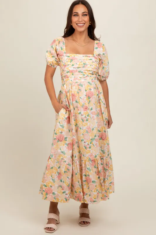 Ivory Floral Pleated Puff Sleeve Maternity Midi Dress sold by Pinkblush