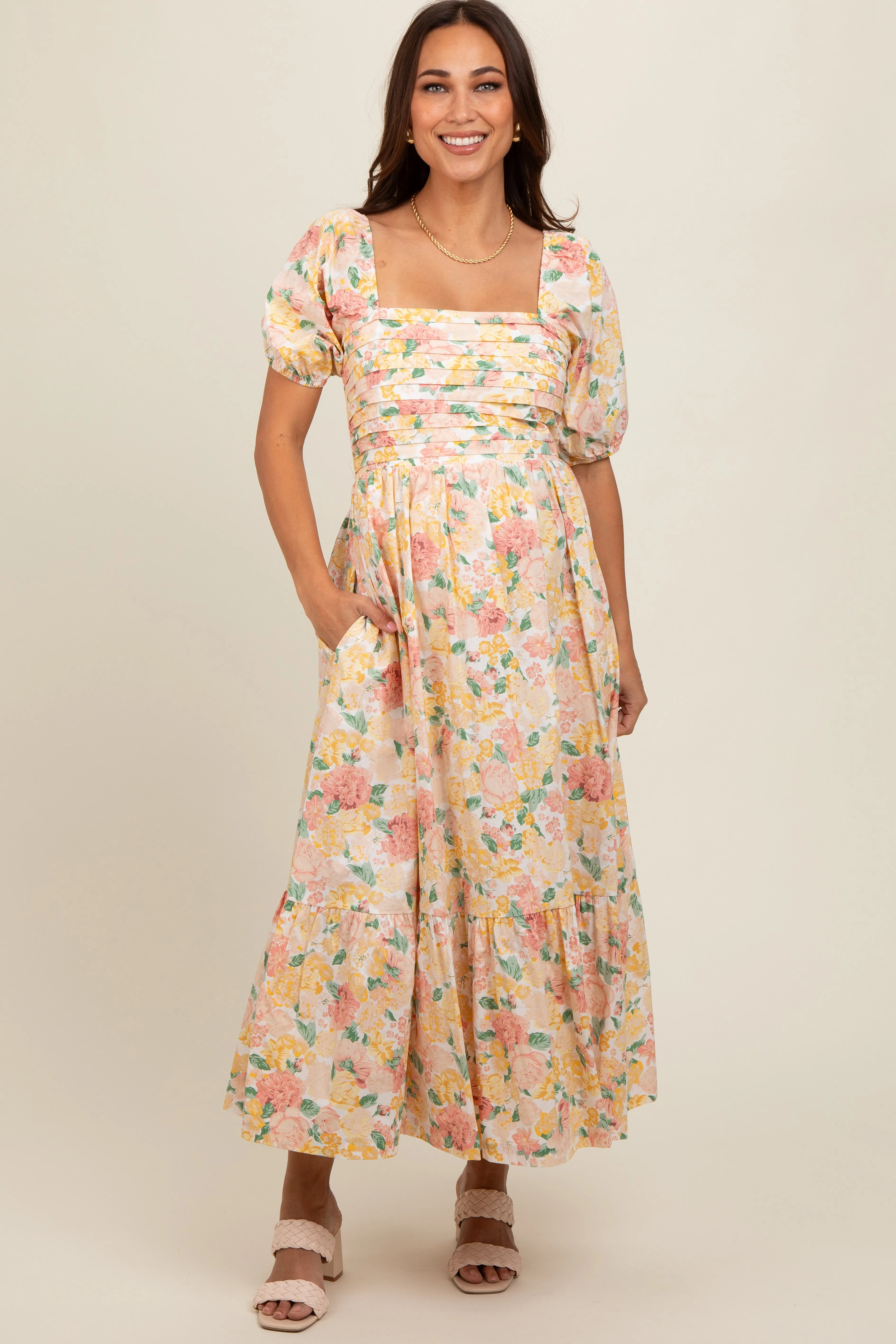 Ivory Floral Pleated Puff Sleeve Maternity Midi Dress sold by Pinkblush