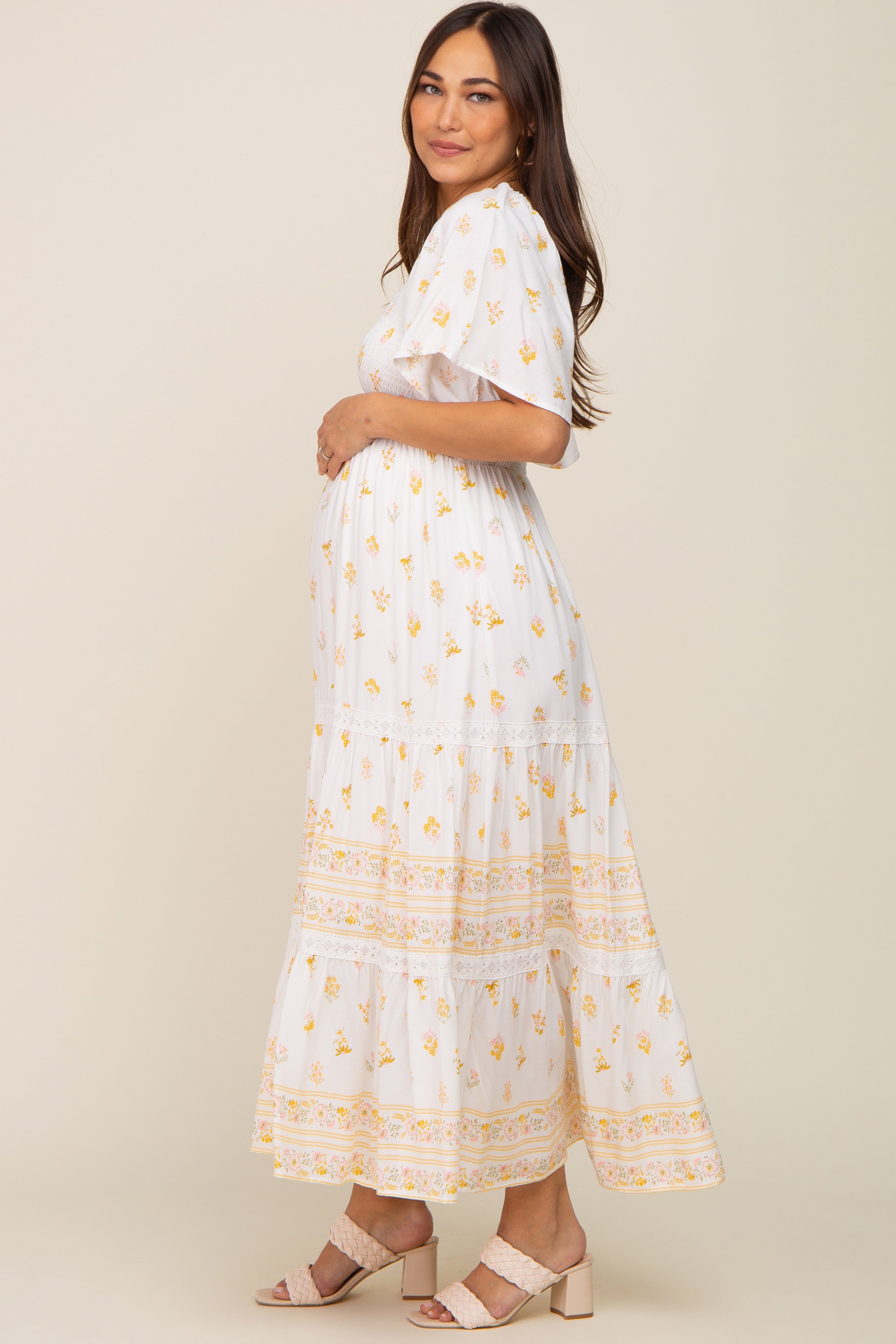 Ivory Floral Flutter Sleeve Maternity Midi Dress sold by Pinkblush product image thumbnail 3