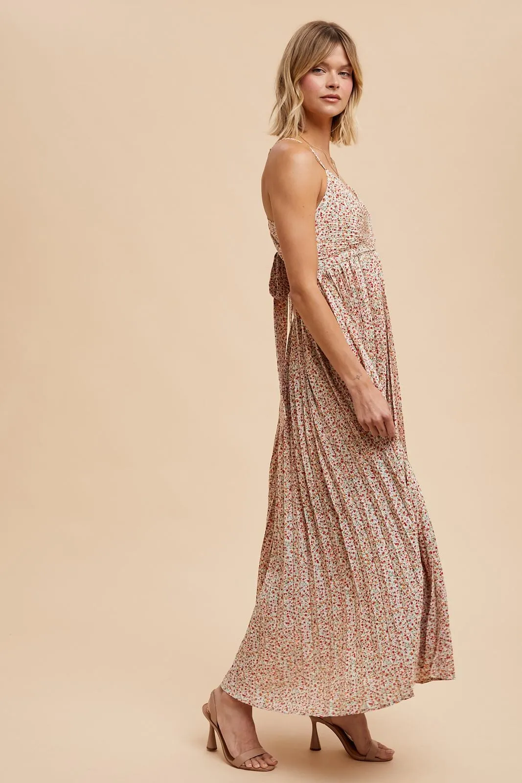 Coral Floral Pleated Cutout Back Maxi Dress sold by Pinkblush product image thumbnail 3