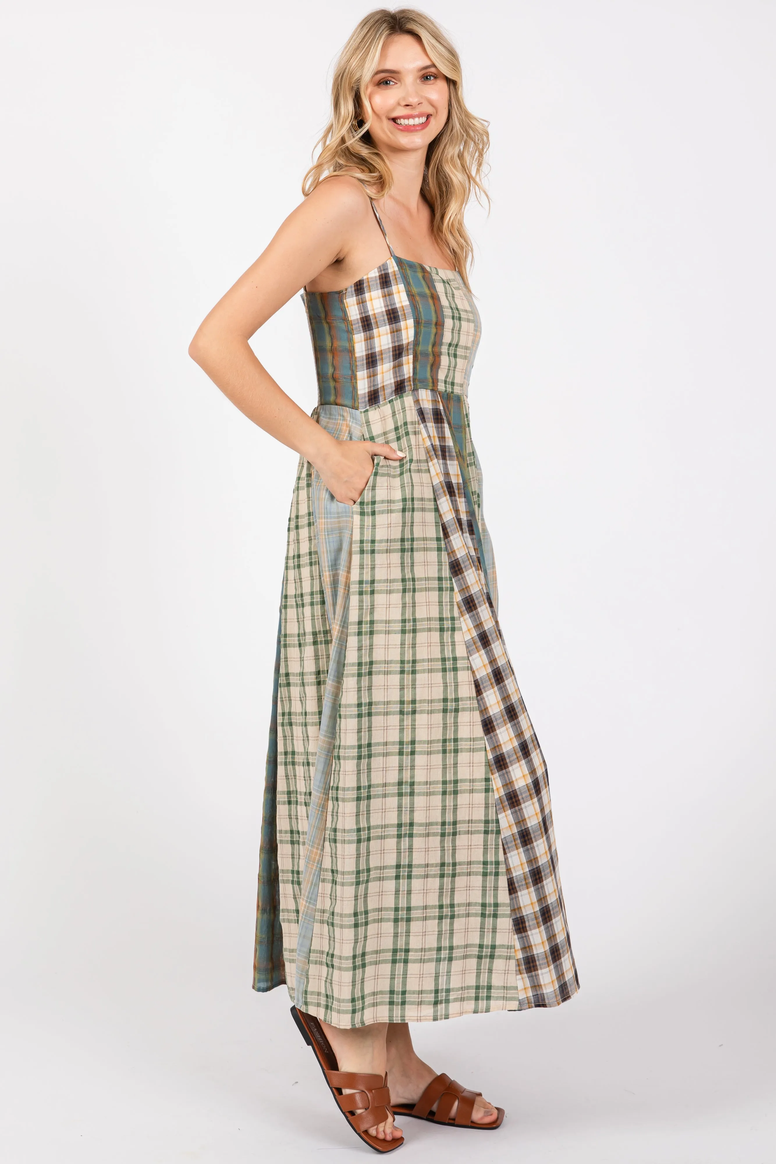 Light Olive Mixed Plaid Maxi Dress sold by Pinkblush product image thumbnail 3