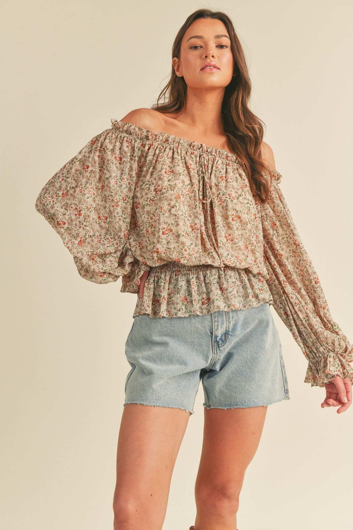 Cream Floral Off The Shoulder Floral Top sold by Pinkblush