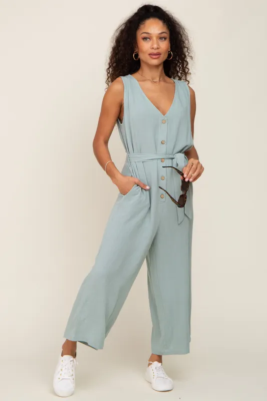 Mint Green Sleeveless Button Front Cropped Jumpsuit sold by Pinkblush