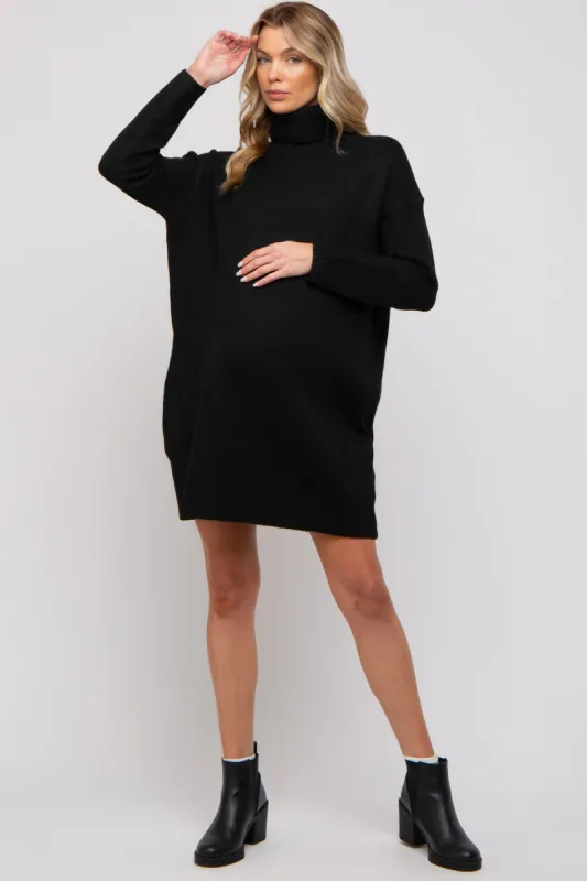 Black Turtleneck Maternity Sweater Mini Dress sold by Pinkblush