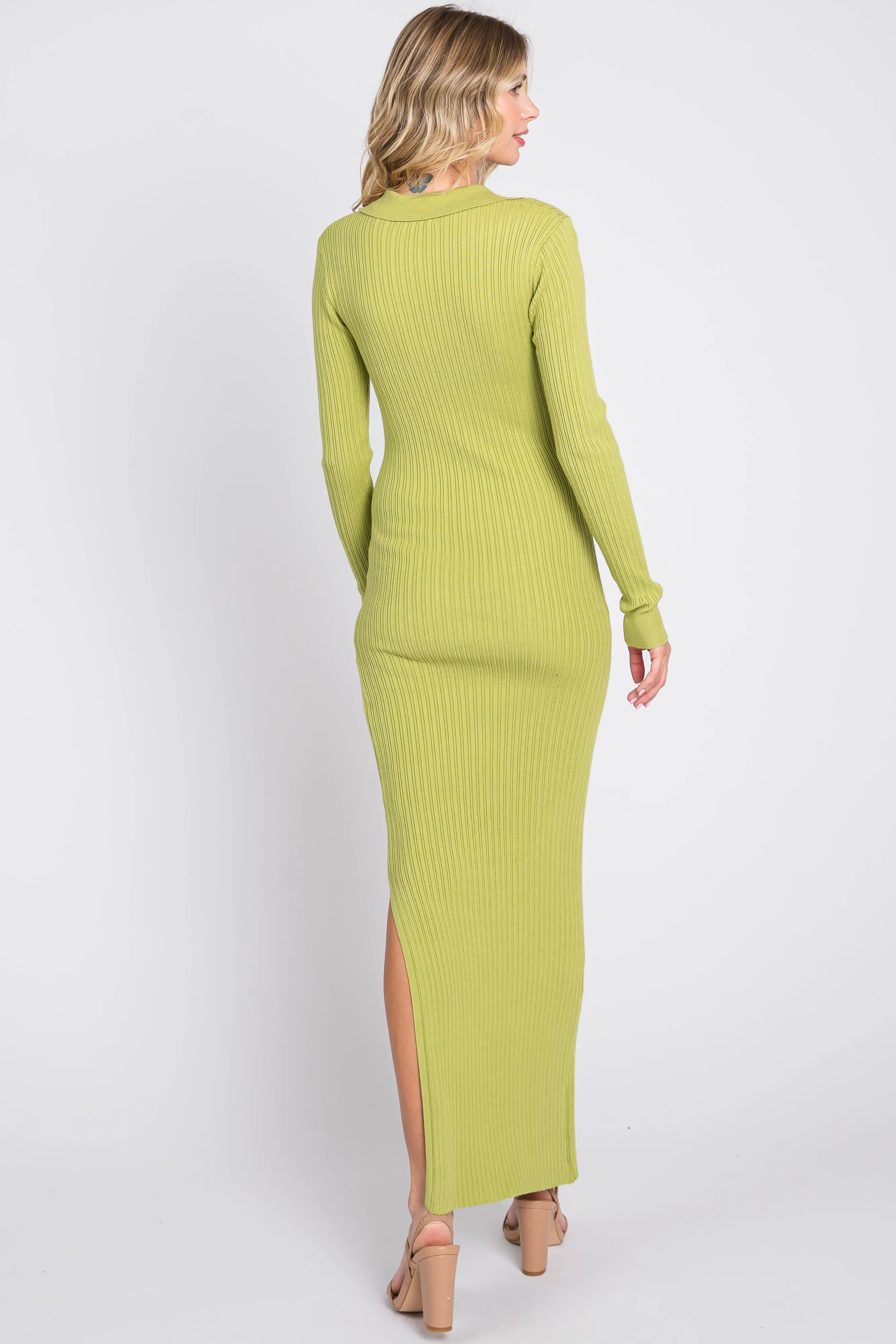 Lime Rib Knit Collared Maxi Dress sold by Pinkblush product image thumbnail 3