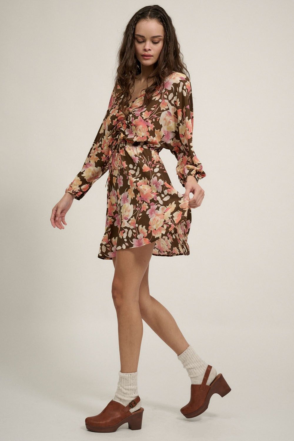 Brown Floral V Neck Ruch Bodice Wide Sleeve Mini Dress sold by Pinkblush product image thumbnail 2