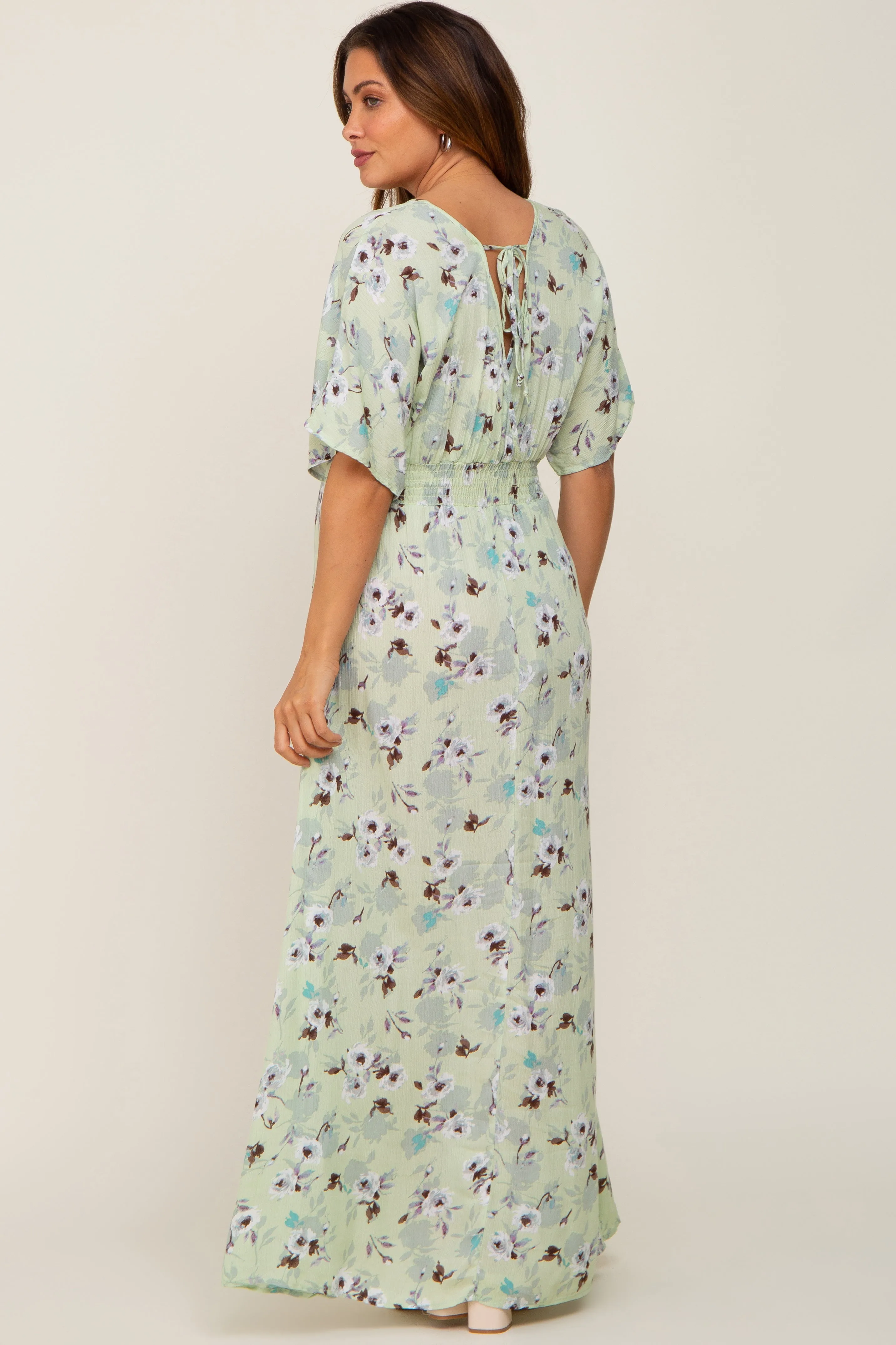 Lime Floral Wrap V-Neck Smocked Waist Maternity Maxi Dress sold by Pinkblush product image thumbnail 3