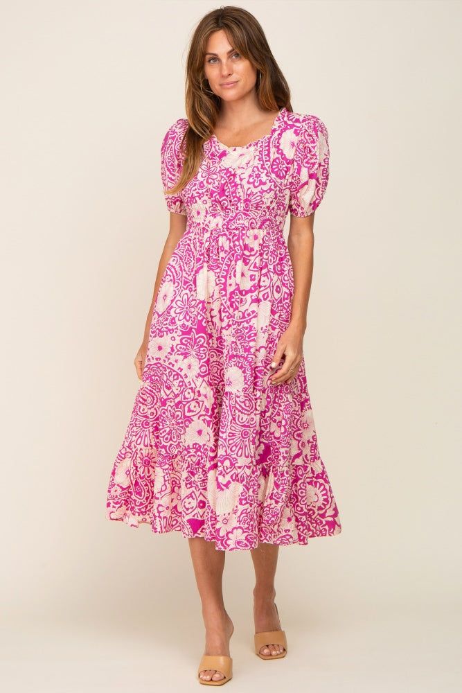Magenta Floral Tiered Midi Dress sold by Pinkblush