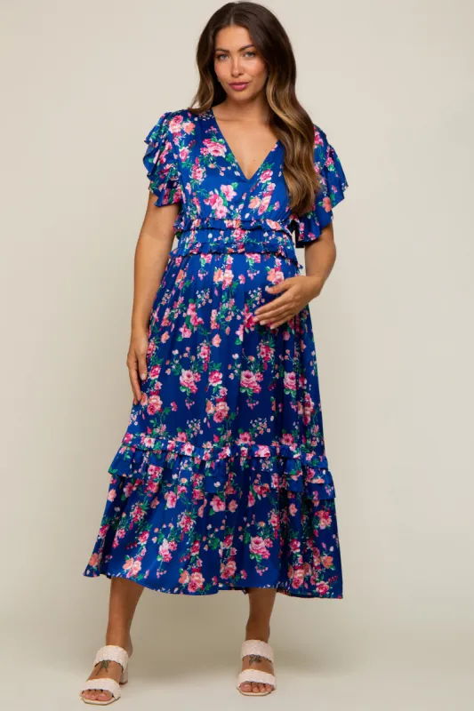 Royal Blue Floral Satin Ruffle Maternity Midi Dress sold by Pinkblush