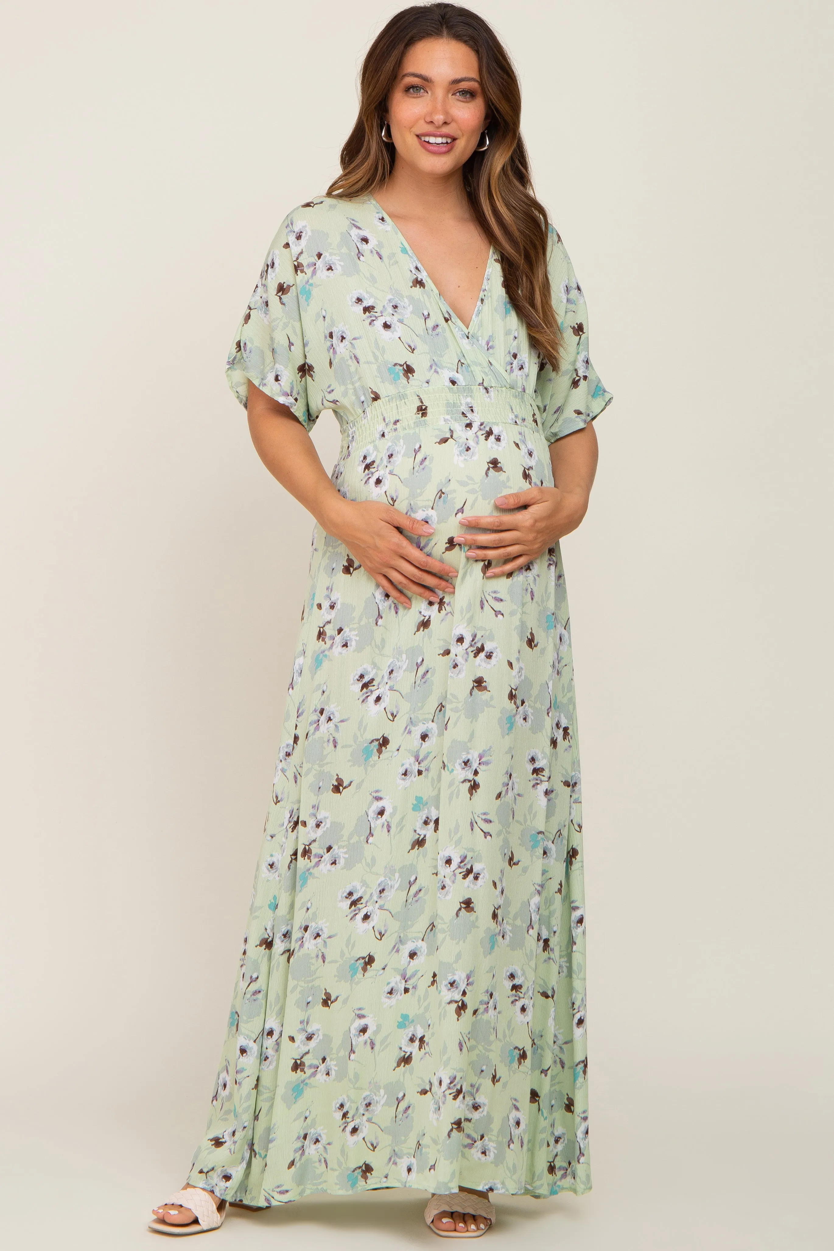 Lime Floral Wrap V-Neck Smocked Waist Maternity Maxi Dress sold by Pinkblush product image thumbnail 4