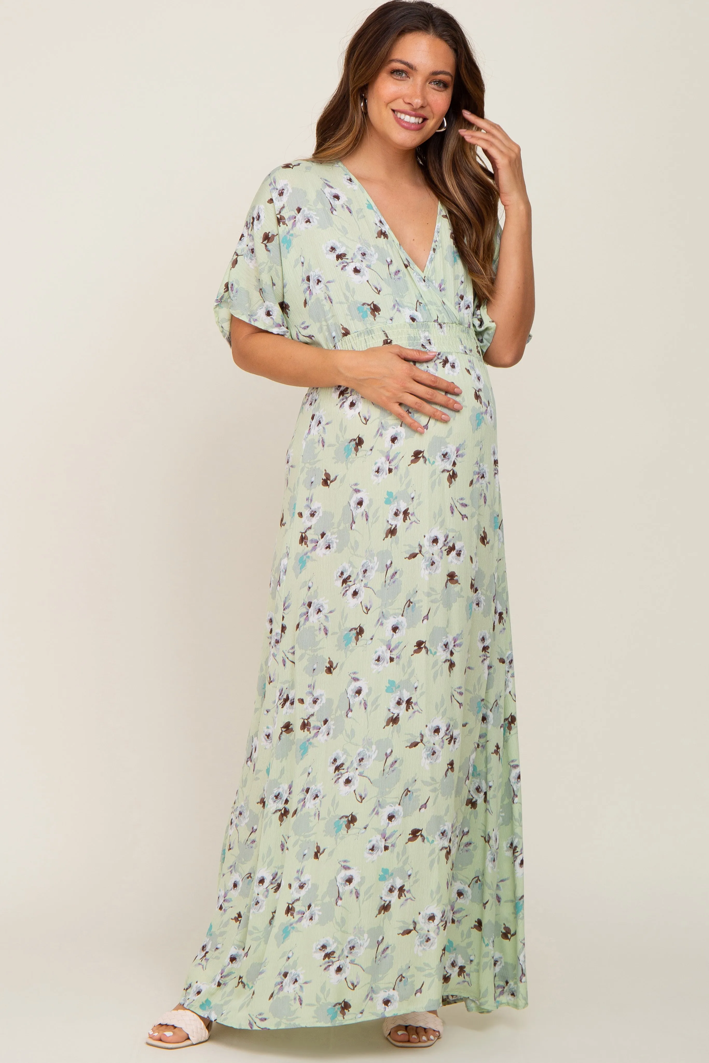 Lime Floral Wrap V-Neck Smocked Waist Maternity Maxi Dress sold by Pinkblush
