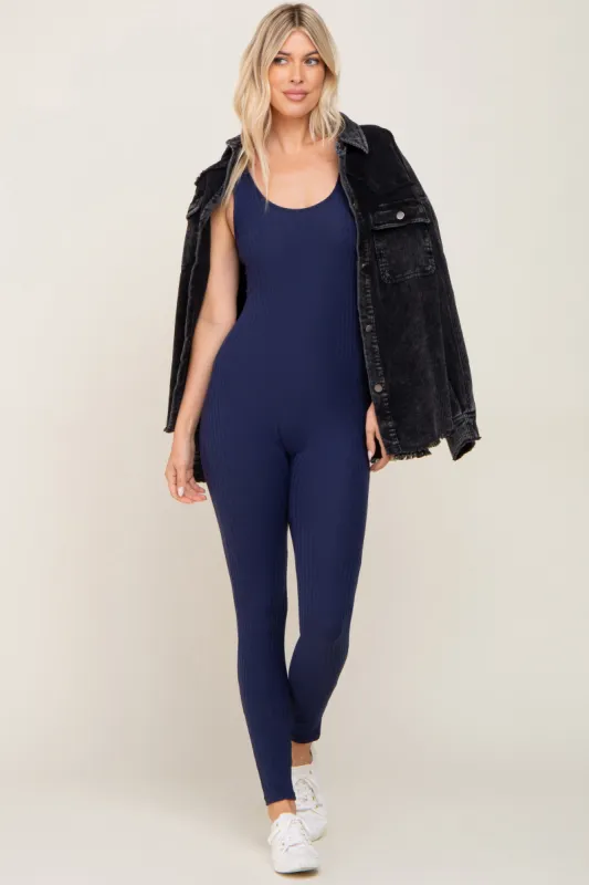 Navy Blue Ribbed Bodycon Jumpsuit sold by Pinkblush