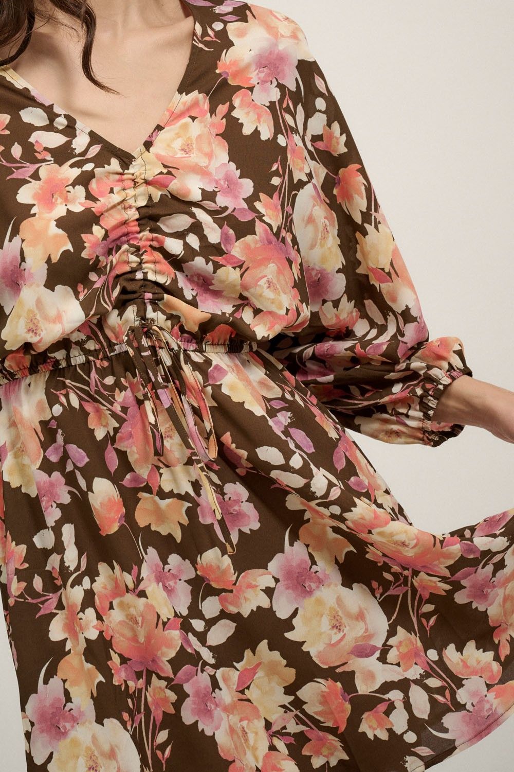 Brown Floral V Neck Ruch Bodice Wide Sleeve Mini Dress sold by Pinkblush product image thumbnail 4