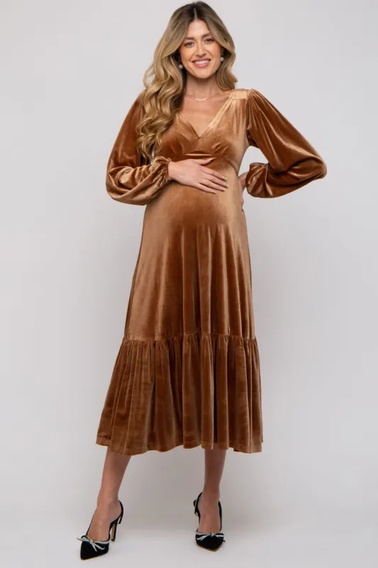 Camel V-Neck Ruffle Hem Velvet Maternity Midi Dress sold by Pinkblush