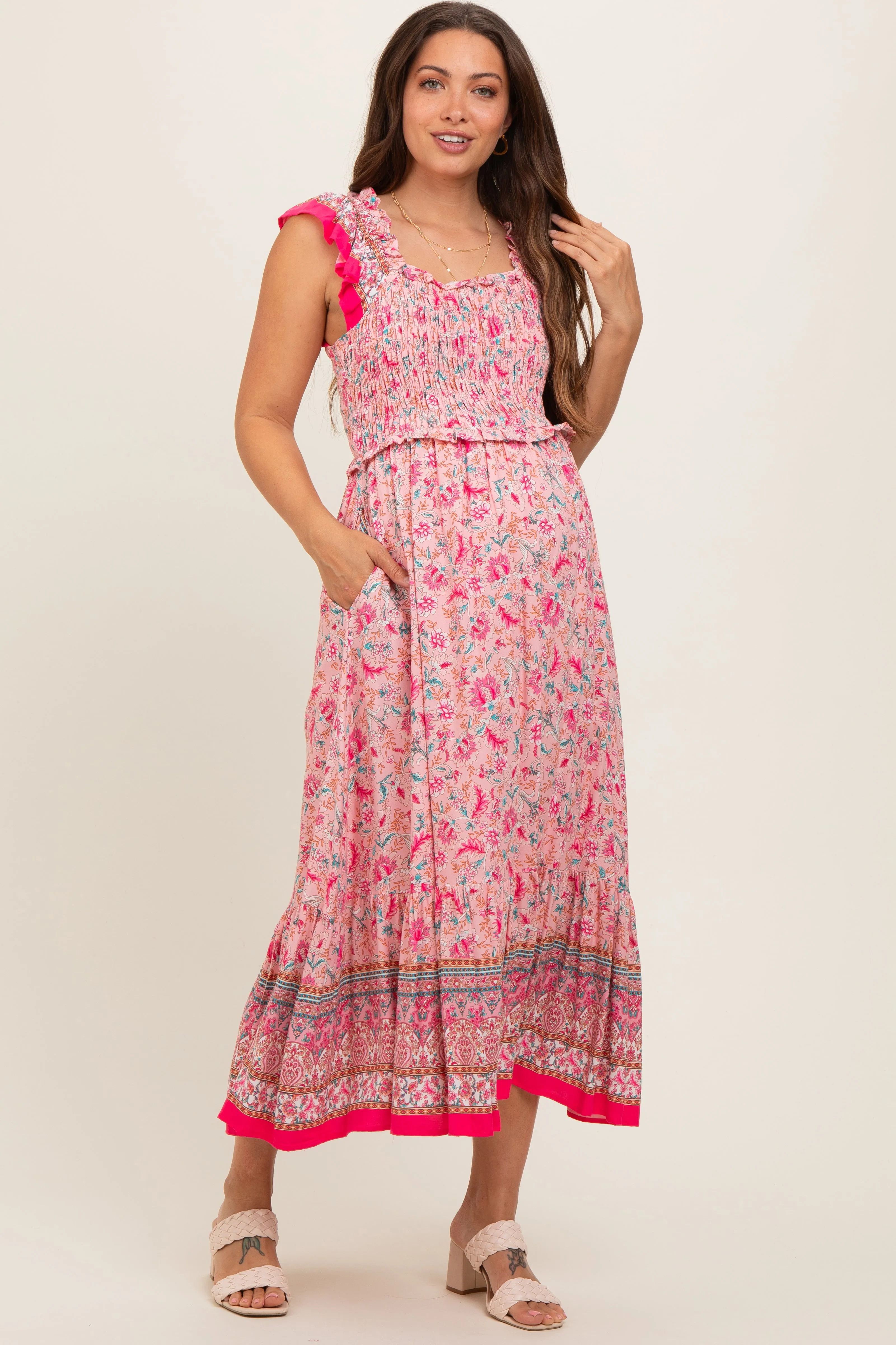 Pink Floral Smocked Maternity Midi Dress sold by Pinkblush