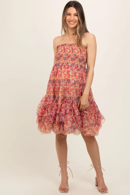 Pink Floral Sleeveless Smocked Ruffle Hem Maternity Dress sold by Pinkblush