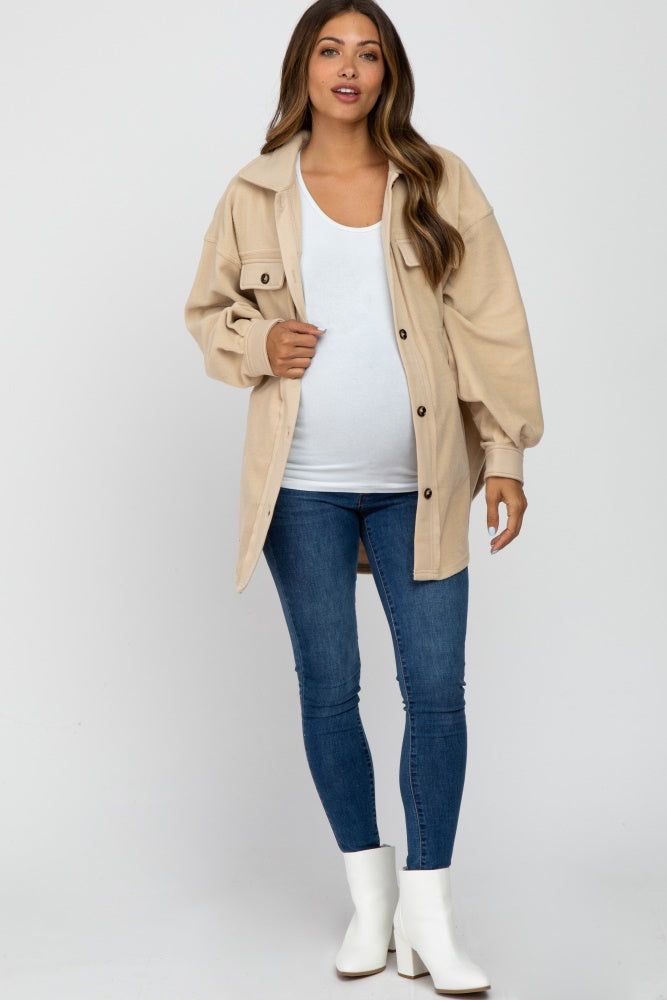 Beige Fleece Button Down Oversized Maternity Jacket sold by Pinkblush product image thumbnail 4