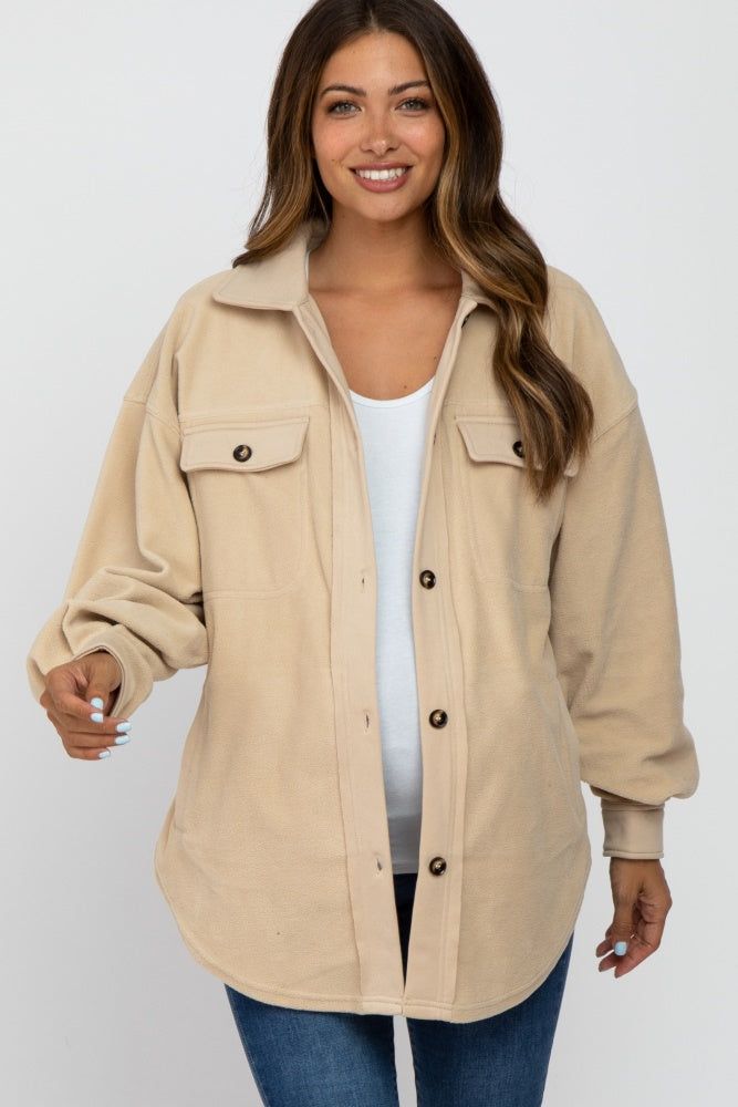 Beige Fleece Button Down Oversized Maternity Jacket sold by Pinkblush