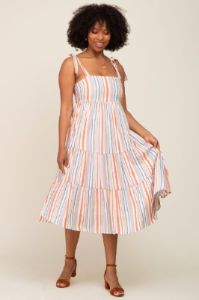 Rust Striped Shoulder Tie Tiered Midi Dress sold by Pinkblush