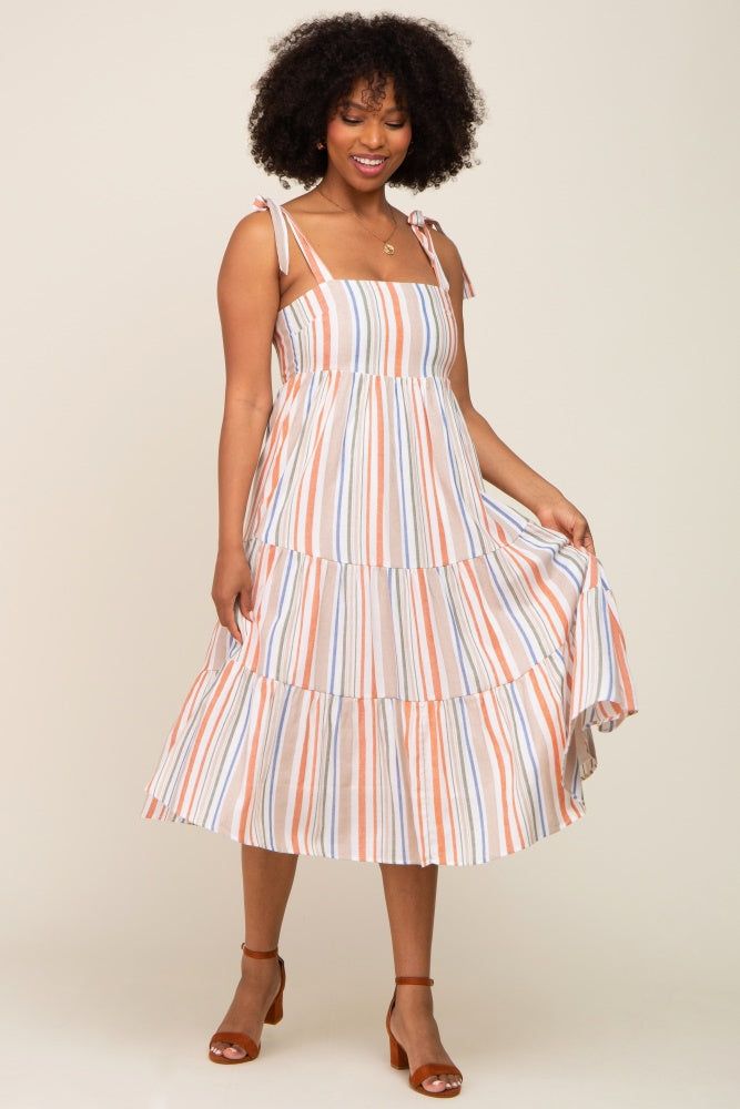 Rust Striped Shoulder Tie Tiered Midi Dress sold by Pinkblush product image thumbnail 4