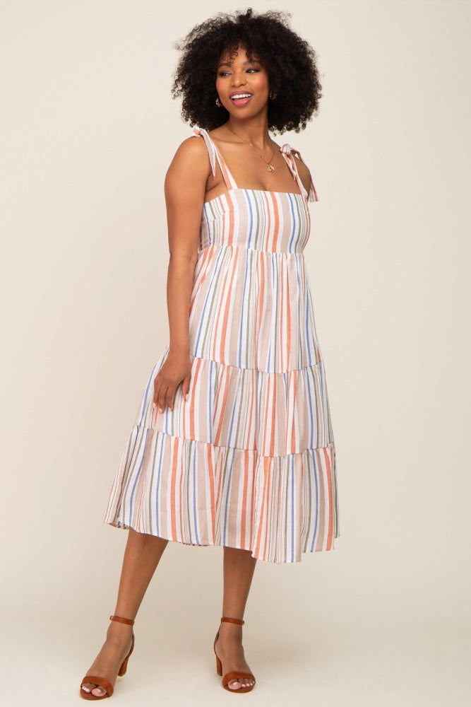Rust Striped Shoulder Tie Tiered Midi Dress sold by Pinkblush