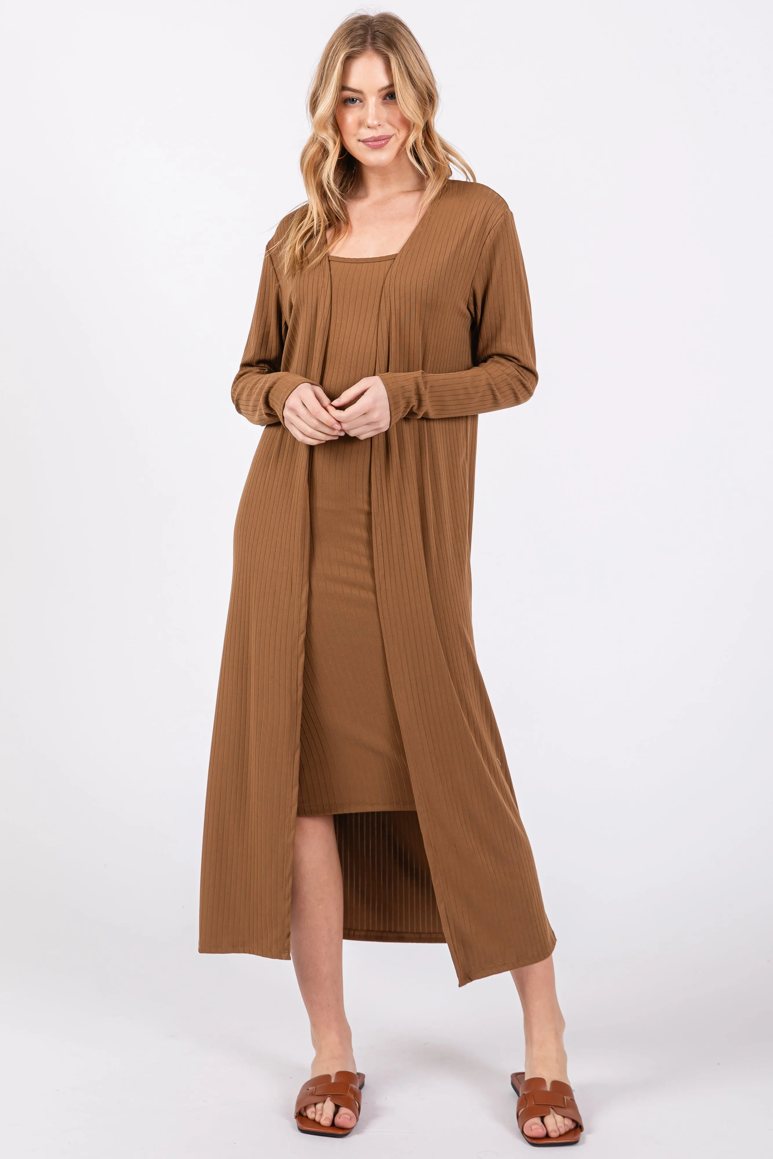 Camel Ribbed Cardigan 2 Piece Set sold by Pinkblush