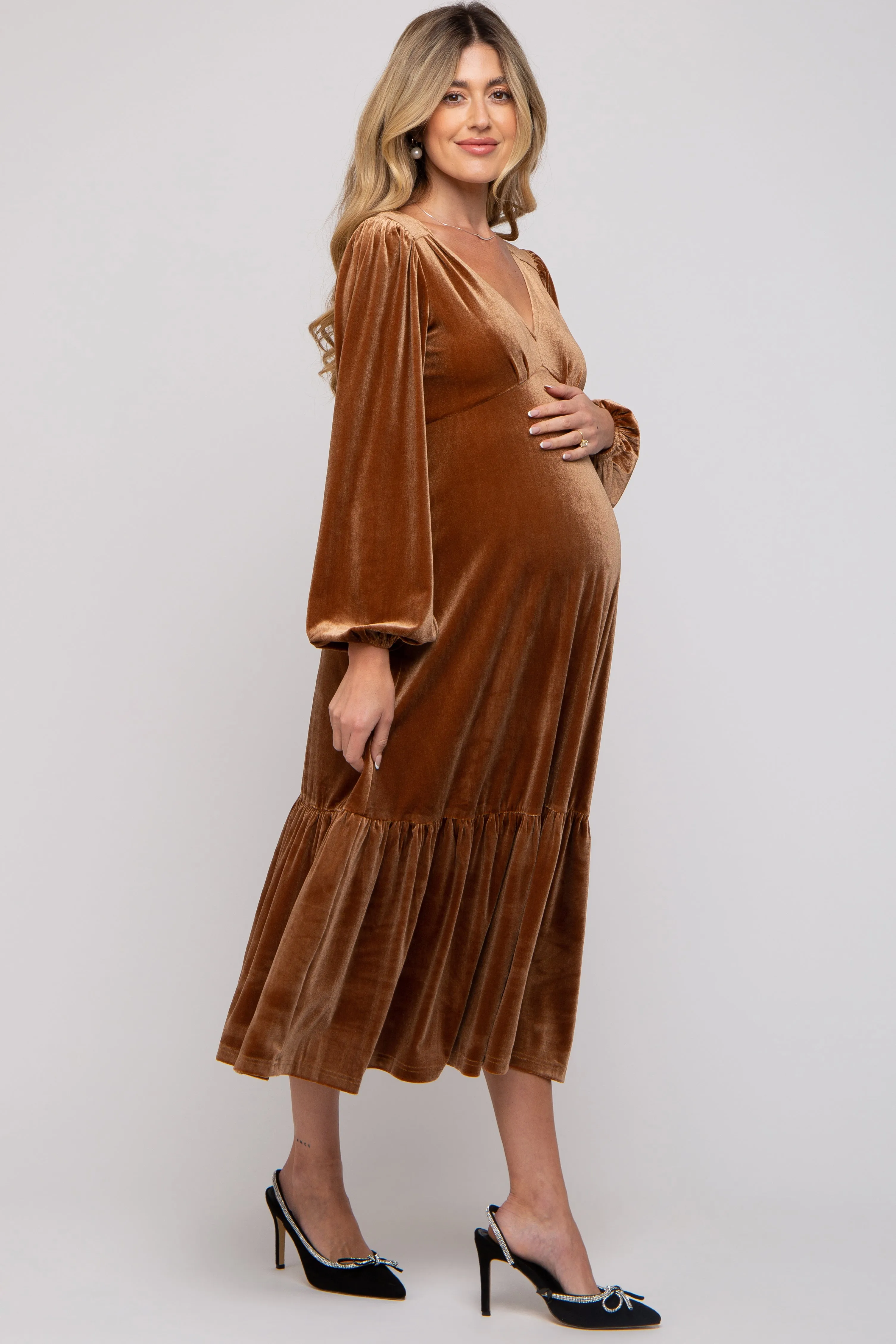 Camel V-Neck Ruffle Hem Velvet Maternity Midi Dress sold by Pinkblush product image thumbnail 2