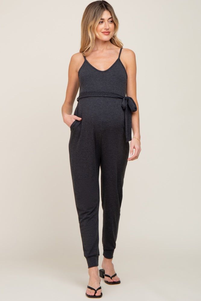 Charcoal Grey Sash Tie Maternity Jumpsuit sold by Pinkblush product image thumbnail 5