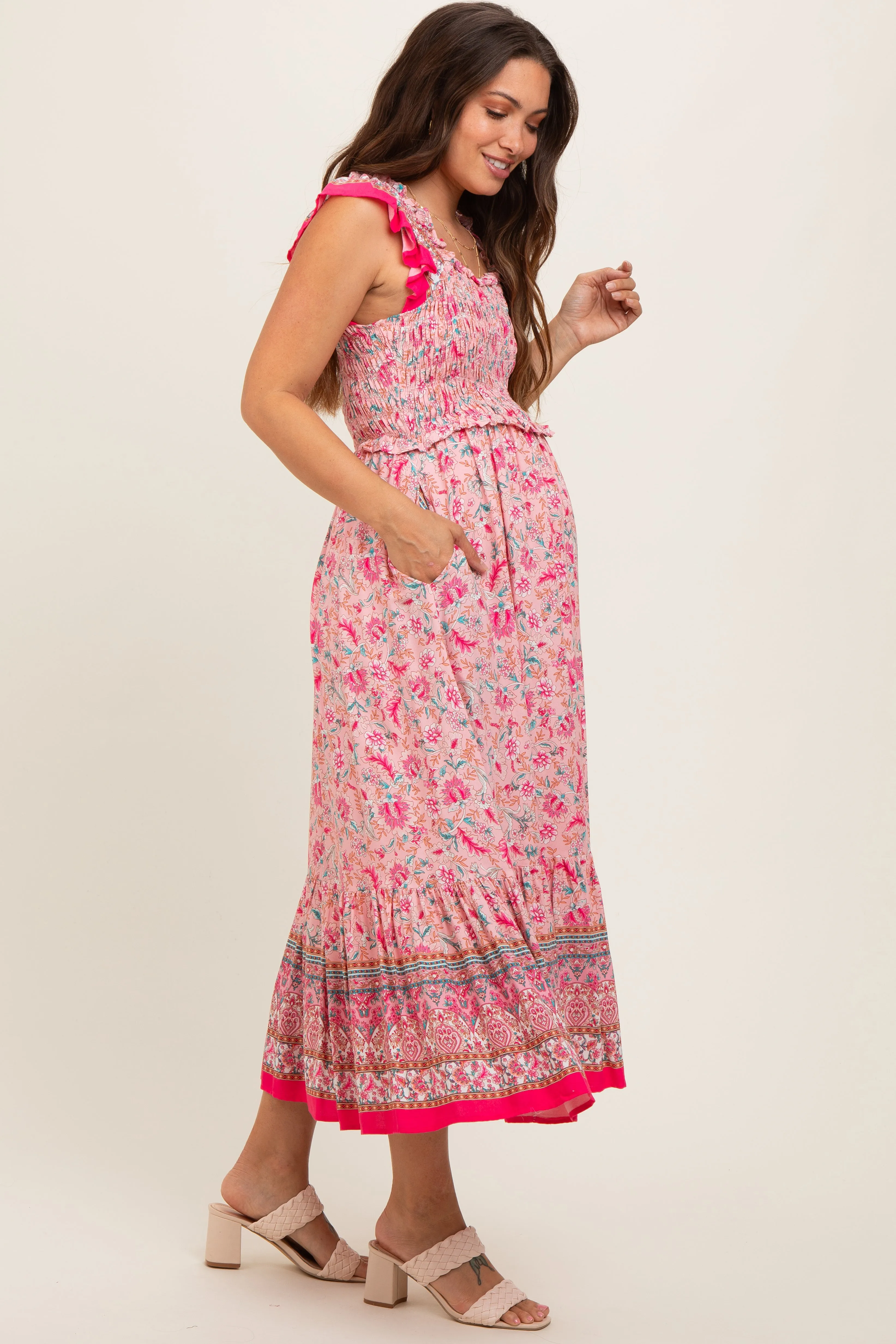 Pink Floral Smocked Maternity Midi Dress sold by Pinkblush product image thumbnail 2