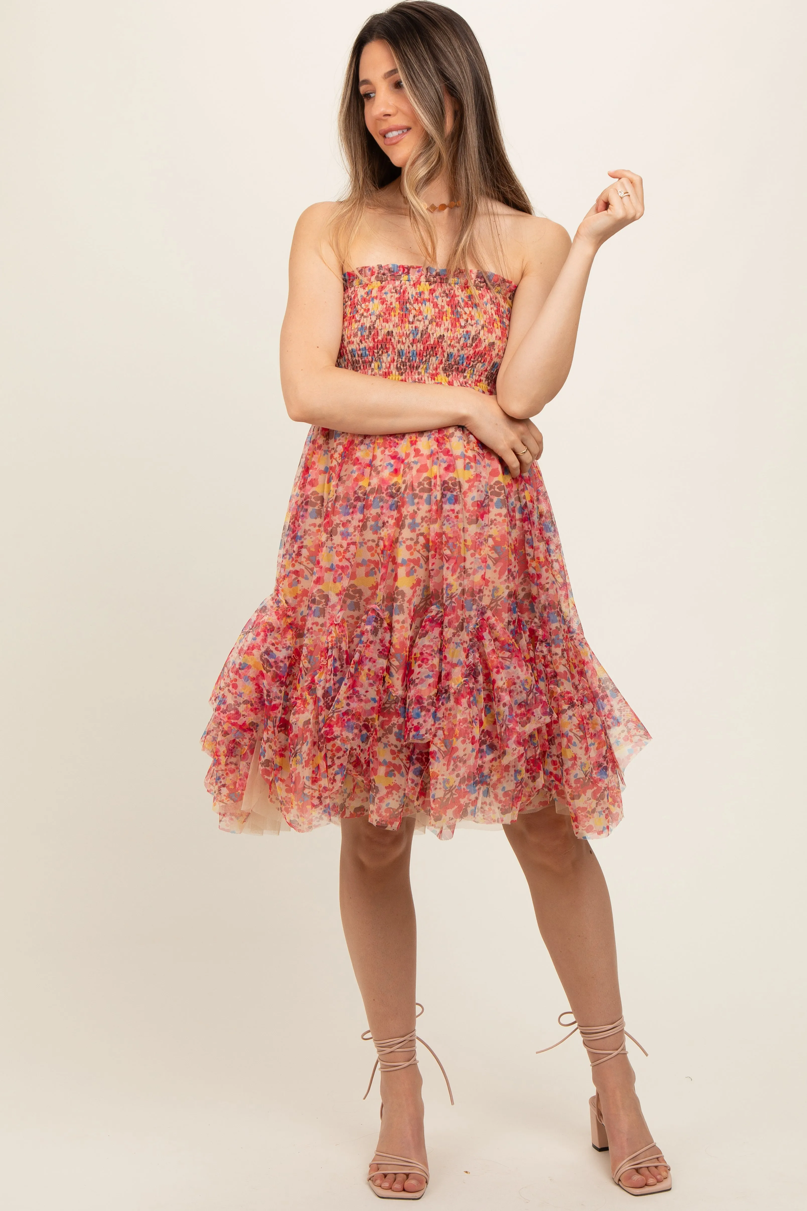 Pink Floral Sleeveless Smocked Ruffle Hem Maternity Dress sold by Pinkblush product image thumbnail 2