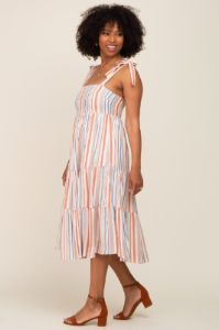 Rust Striped Shoulder Tie Tiered Midi Dress sold by Pinkblush