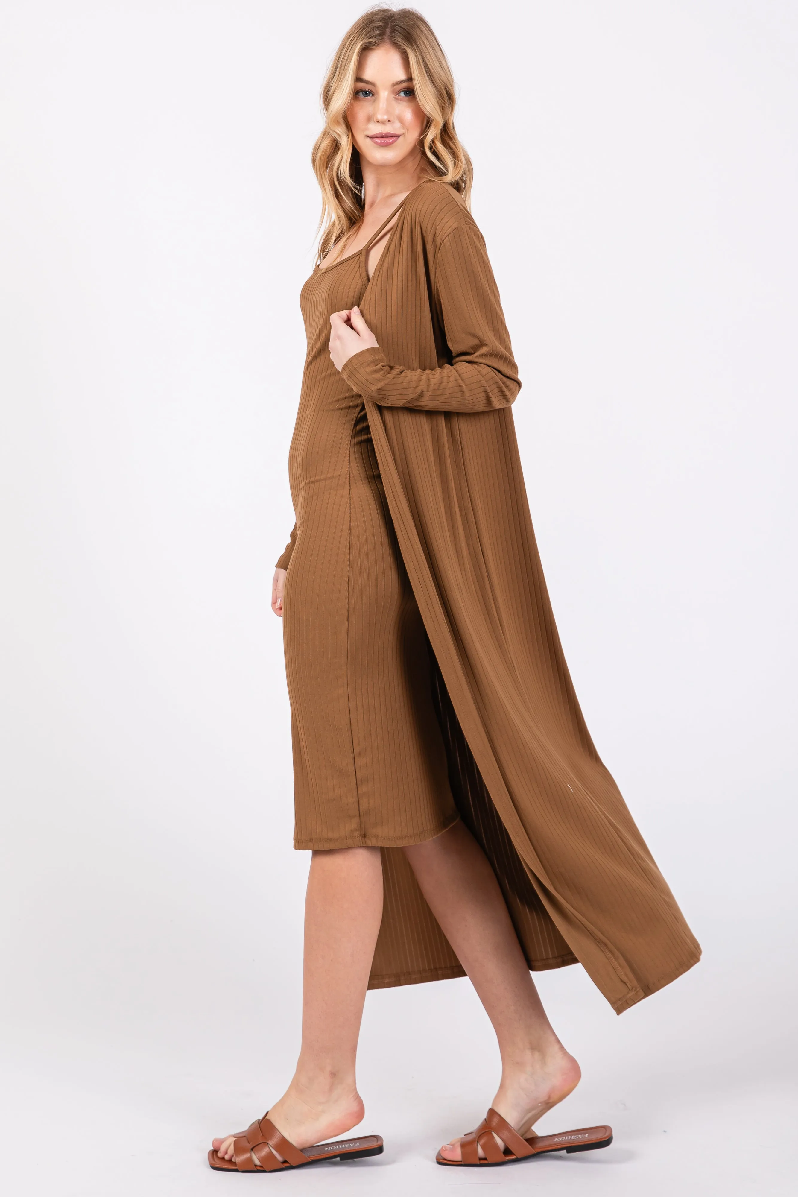 Camel Ribbed Cardigan 2 Piece Set sold by Pinkblush product image thumbnail 2