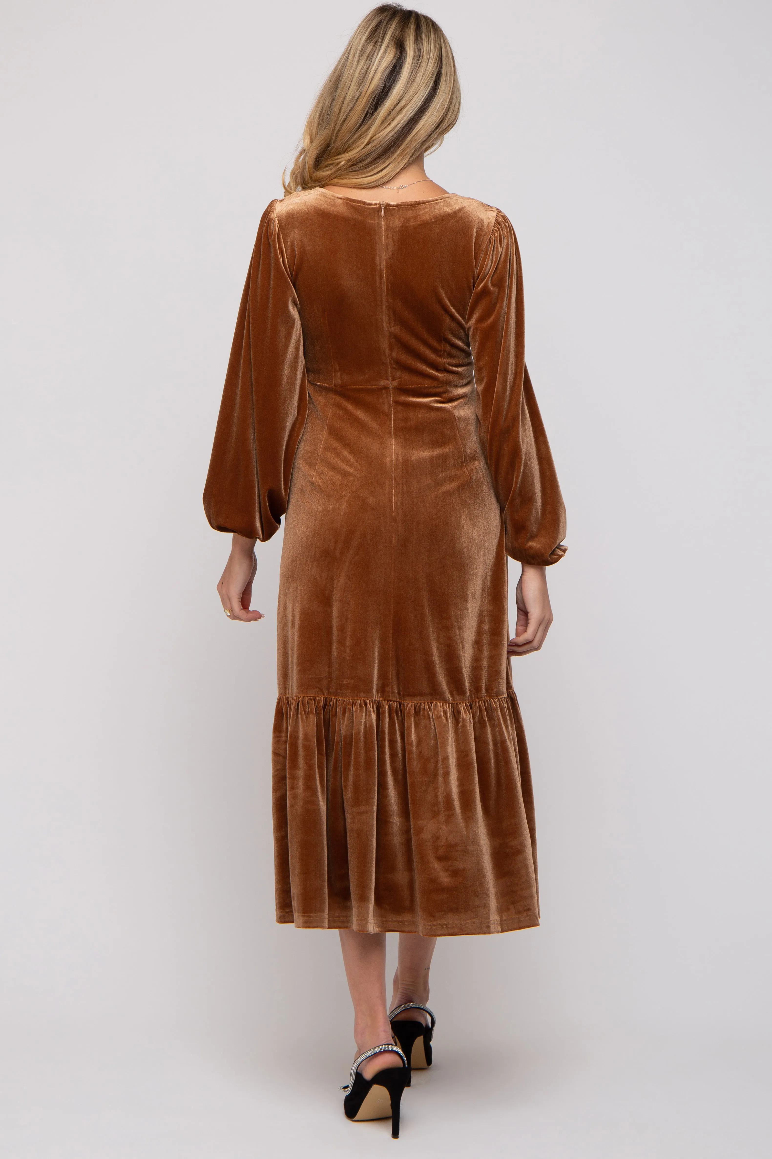 Camel V-Neck Ruffle Hem Velvet Maternity Midi Dress sold by Pinkblush product image thumbnail 3