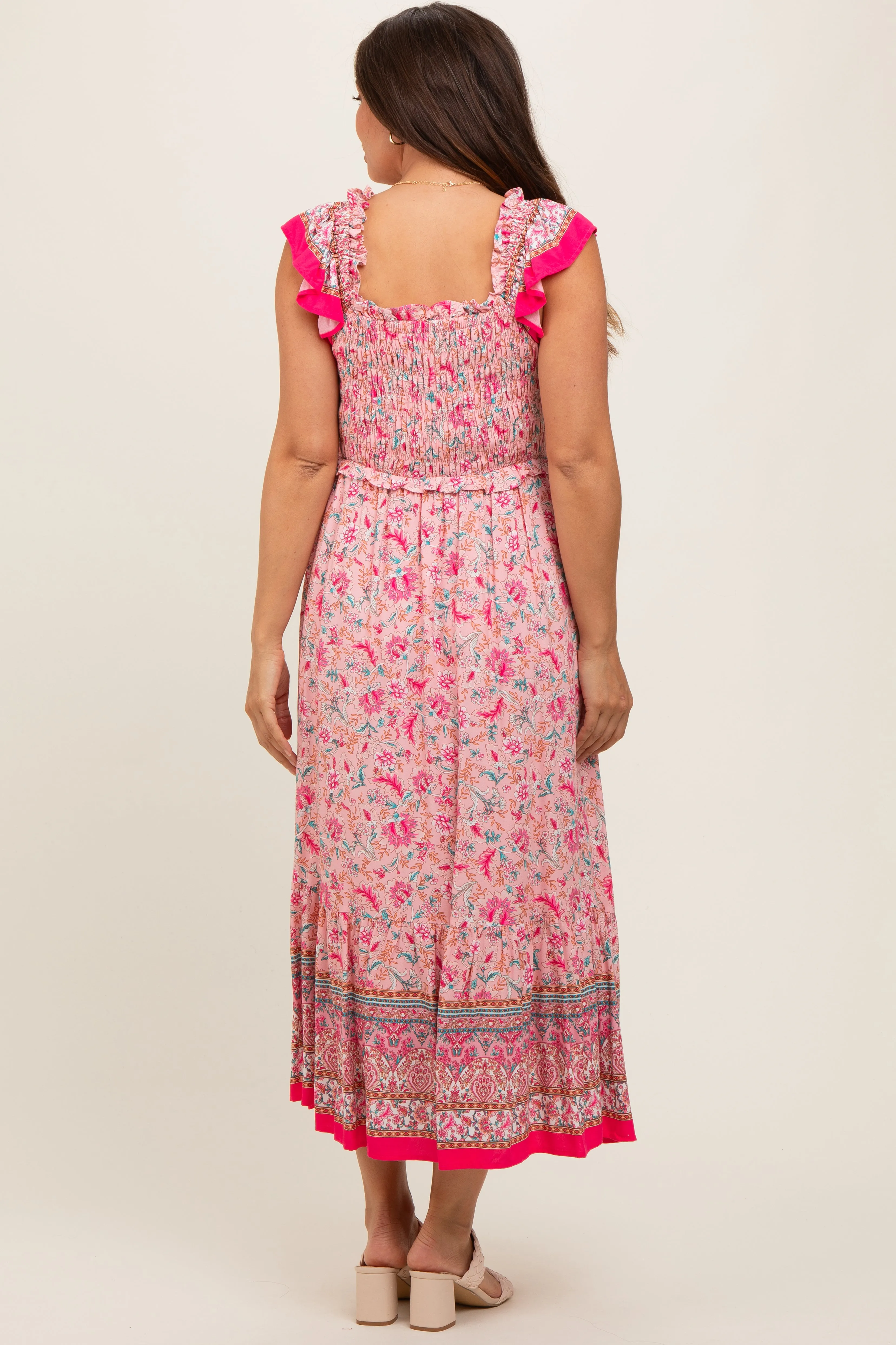 Pink Floral Smocked Maternity Midi Dress sold by Pinkblush product image thumbnail 3