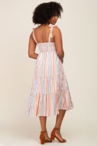 Rust Striped Shoulder Tie Tiered Midi Dress sold by Pinkblush
