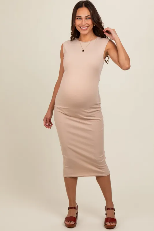 Beige Side Ruched Sleeveless Maternity Midi Dress sold by Pinkblush
