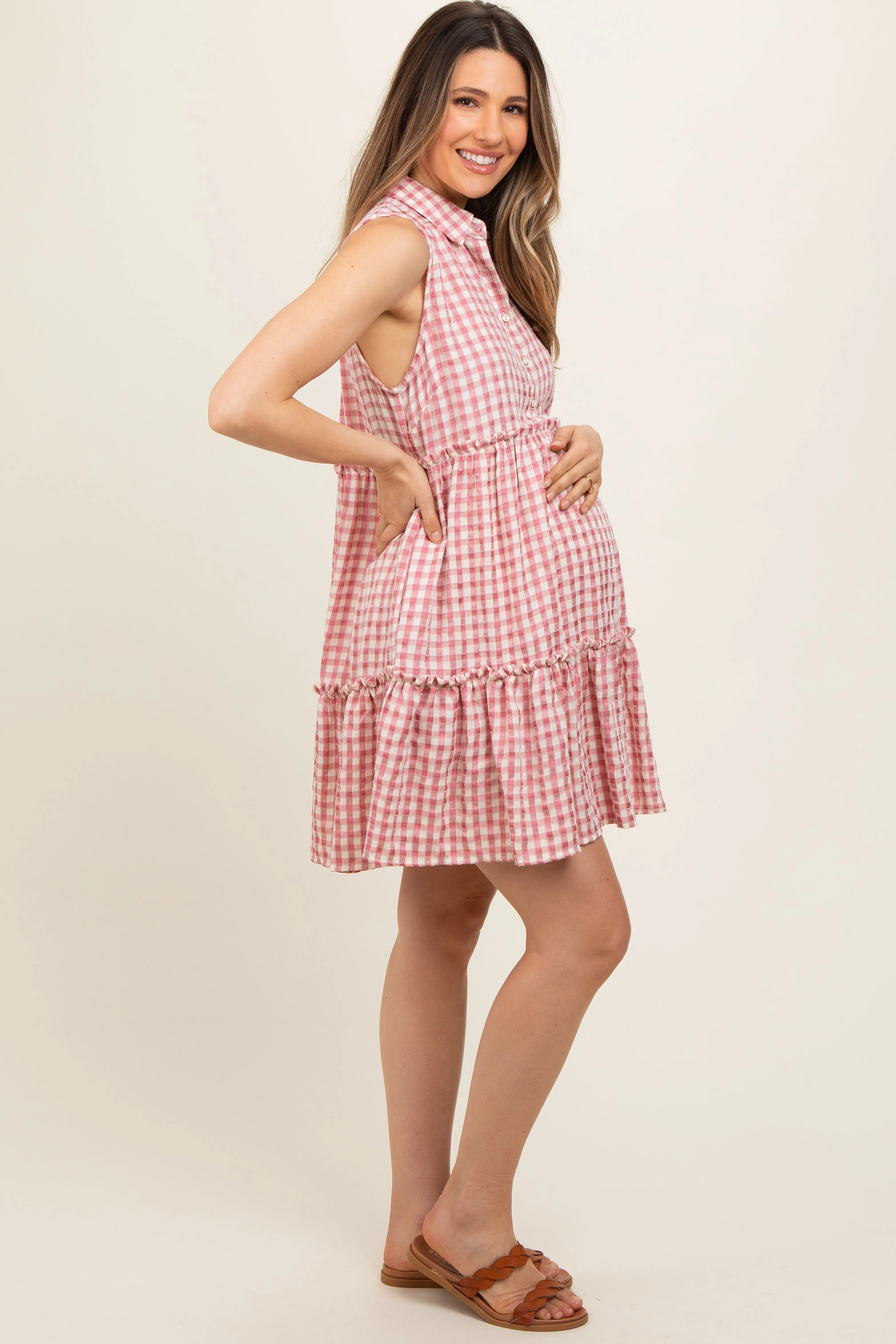 Pink Gingham Button Front Collared Maternity Dress sold by Pinkblush product image thumbnail 3