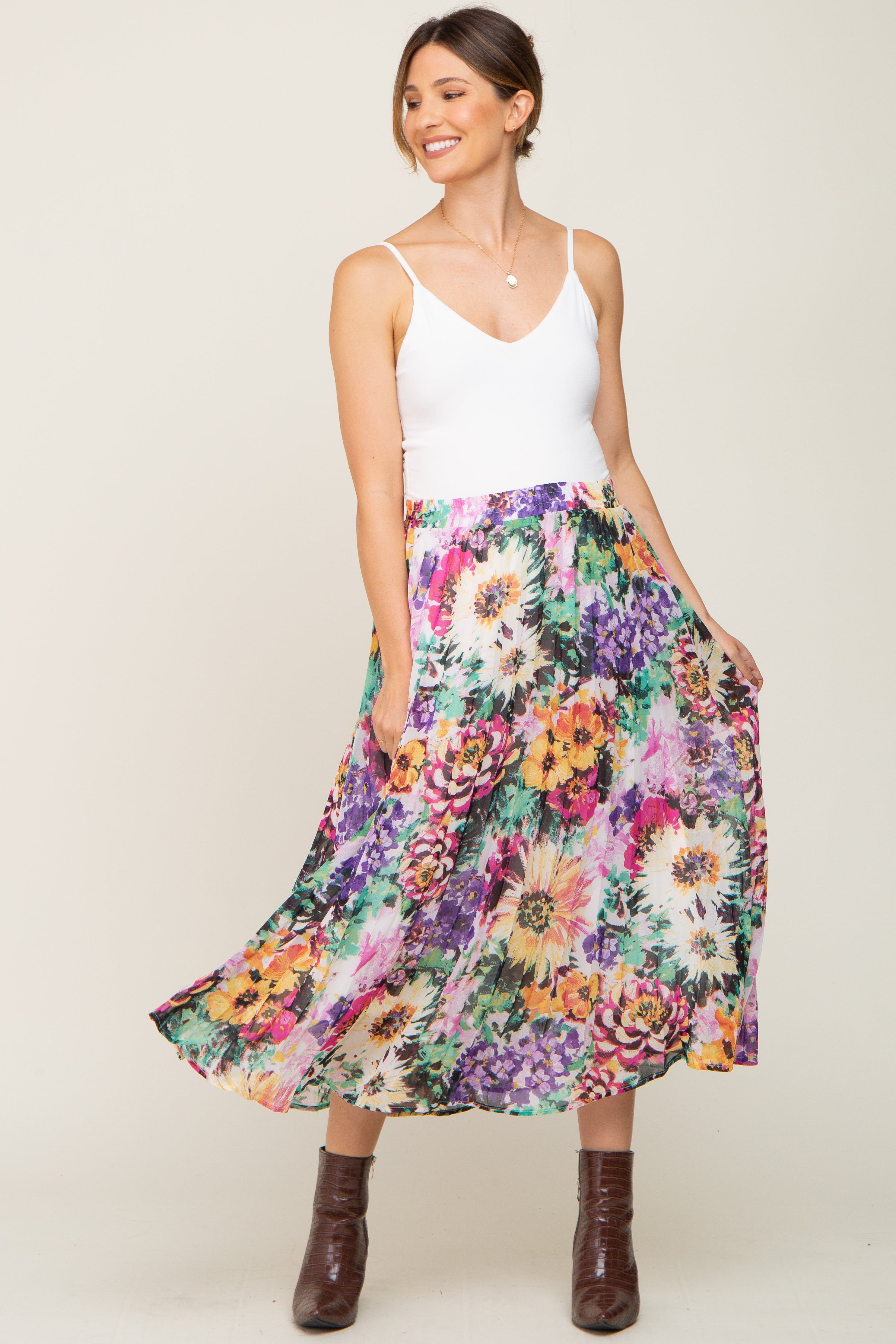 Fuchsia Floral Pleated Maternity Midi Skirt sold by Pinkblush