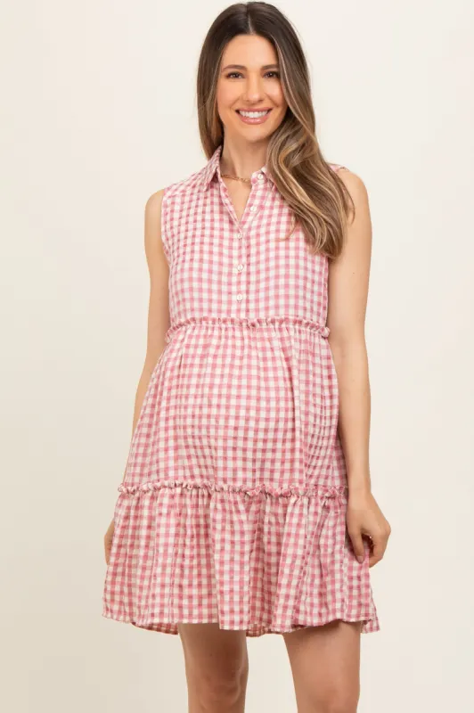 Pink Gingham Button Front Collared Maternity Dress sold by Pinkblush