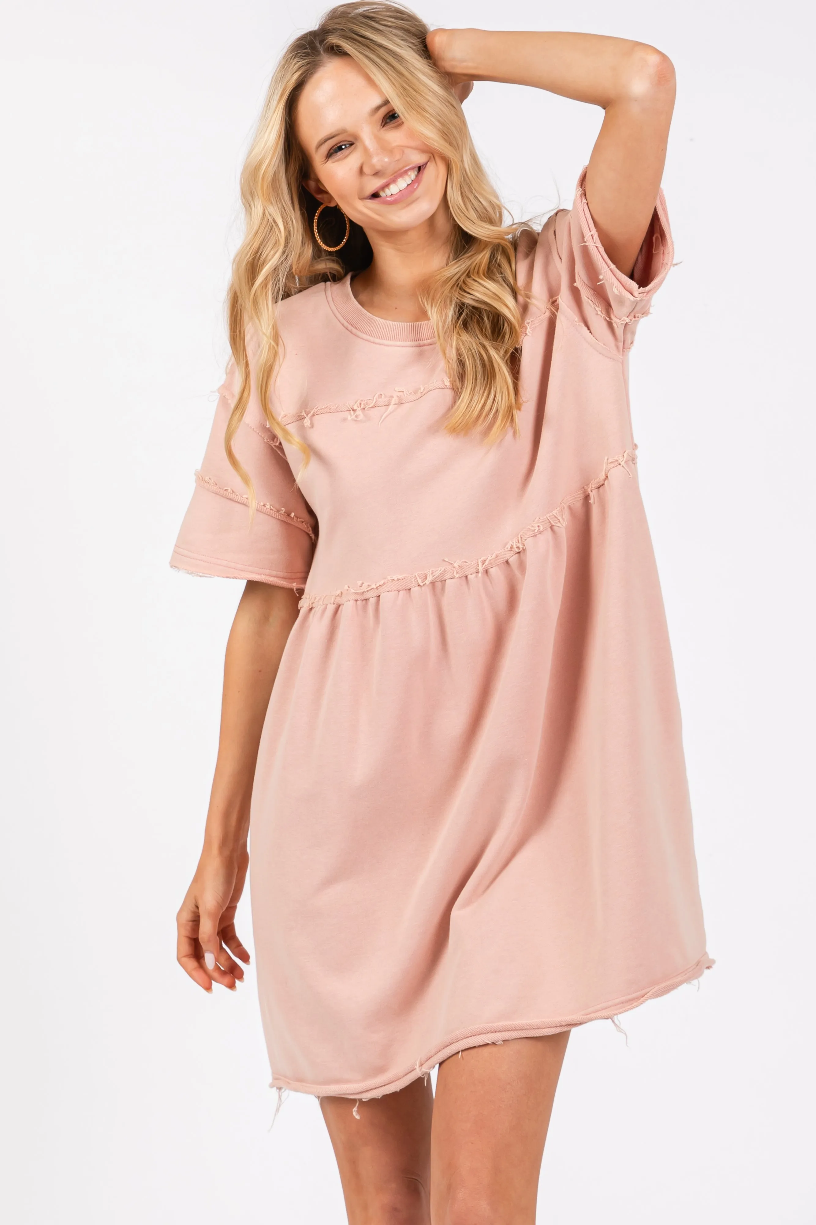 Mauve Raw Hem Short Sleeve Dress sold by Pinkblush